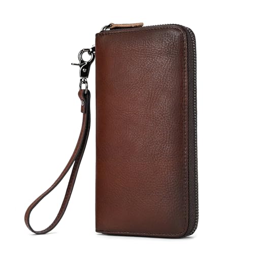 Genuine Leather Long Wallet for Men, Large Capacity Purse Clutch Bag Handbag Checkbook Cash Credit Cards Phone Holder | Large Capacity - color: 1007SZ-Coffee