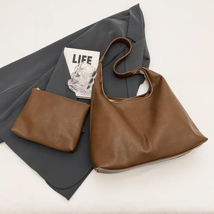 Hobo Bags for Women Slouchy Shoulder Bag Soft Vegan Leather Purse Everyday Handbags Large Work Tote Bag - color: Brown