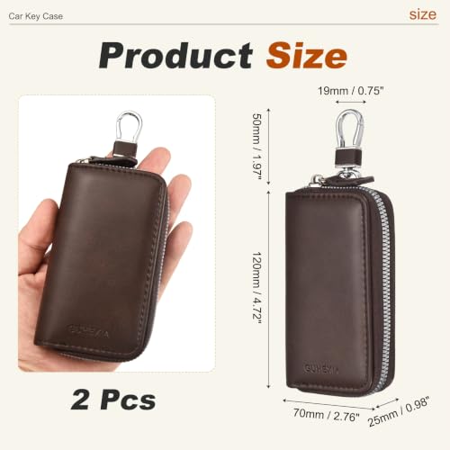 PATIKIL 2Pcs Car Key Case Brown Key Fob Protector Fob Holder Metal Hook | Keyring, Zipper Bag, Leather, with Swivel Snap Hook, Suit for Men and Women