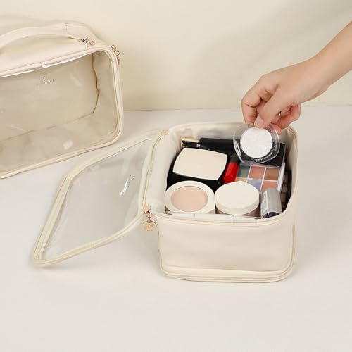 Pocmimut Clear Makeup Bag,Double Layer Large Cosmetic Bag with Makeup Brush Bag,TSA Approved Toiletry Bag Makeup Case Car Accessories Travel Essentials Organizers for Women,Begie - color: Beige, style: Large