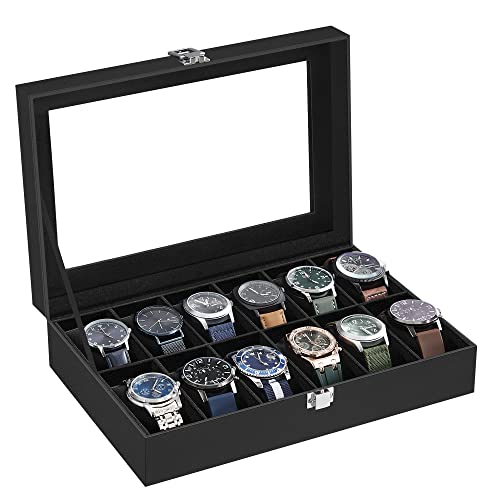 SONGMICS Watch Box, 12-Slot Watch Case with Large Glass Lid | Removable Pillows, Black PU Leather, Black Velvet Lining, Gift for Loved Ones, BRIDIE Collection UJWB012B01 - color: Black + Black, size: 12 Slot