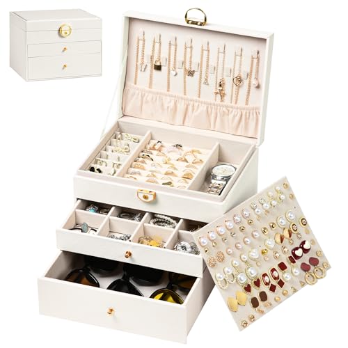 Jewelry Box, 3 Layers Leather Jewelry Storage Display Box for Women, Gift Case, 2 Drawers, Large Capacity for Necklace Earrings Bracelets Rings, White - color: White