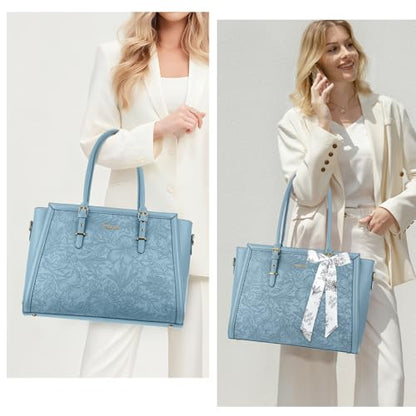 MOSISO Laptop Bag for Women, 15.6-16 inch PU Leather Tote Bag | Compatible with MacBook, HP,Dell,Asus, Front Embossed Retro Hibiscus Computer Bags with Silk Scarf&Clutch Purse, Air Blue - color: Air Blue, size: 16 inch