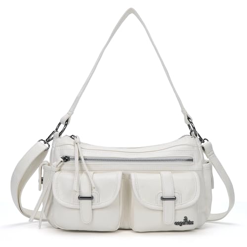 Angel Kiss Hobo Purses for Women Crossbody Shoulder Bag Ladies Multi Pocket Handbags with Adjustable Shoulder Strap | Soft Vegan Leather - color: White