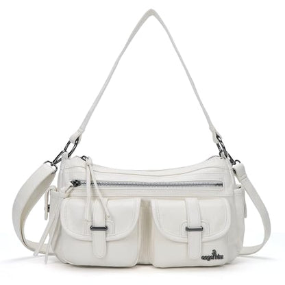 Angel Kiss Hobo Purses for Women Crossbody Shoulder Bag Ladies Multi Pocket Handbags with Adjustable Shoulder Strap | Soft Vegan Leather - color: White