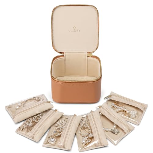 VLANDO Travel Jewelry Organizer with 6 Clear Velvet Zipper Pouches,Brown | Travel Essentials,Transparent Bags,Rings,Necklaces Storage,Carry-On Packing Women,Girl,Birthday,Wedding Gift - color: E.6Pcs-Brown