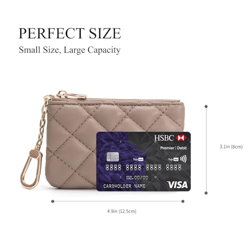 Quilted Faux Leather Coin Purse with Keychain - Small Coin Pouch Key Pouch Small Card Holder Keychain Wallet Change Purse for Women and Men (Khaki) - color: Khaki