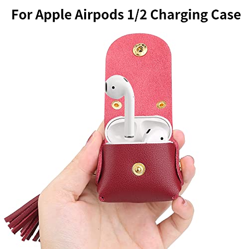 MODOS LOGICOS Charging Case Cover for Apple Air Pods, Genuine Leather Case with a Couple of Drooping Tassels for Apple AirPods 1/2 Charging Case - Wine Red - color: WineRed(GenuineLeather)
