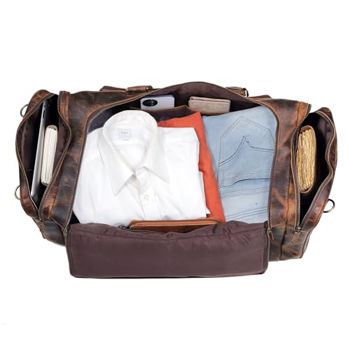 Large 24 inch duffel bags for men holdall leather travel Duffel bag overnight gym sports weekend Duffle bag (Dark Brown, 24" Large)