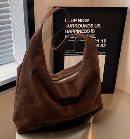 Women’s Trendy Suede Tote Bag Shoulder Bags For Women Fall Underarm Bag Winter Hobo Bag Work Purses Suede Travel Handbag - color: Coffee