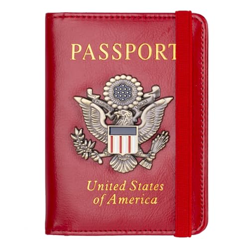 TOURSUIT RFID Blocking Passport Holder, Leather Travel Wallet, Red | Travel Document Holder Cover Accessories, 3D Metal Badge, For Women Men - color: Red