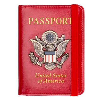 TOURSUIT RFID Blocking Passport Holder, Leather Travel Wallet, Red | Travel Document Holder Cover Accessories, 3D Metal Badge, For Women Men - color: Red