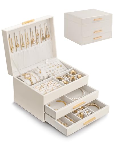Lolalet 3-Layer Jewelry Box Organizer Holder for Women Girls Mom -Beige | Jewelry Storage Case with Drawers for Necklaces Ring Earrings Bracelet Watch, Gifts Choice for Mom Mother’s Day - color: Beige, size: 3-Layer
