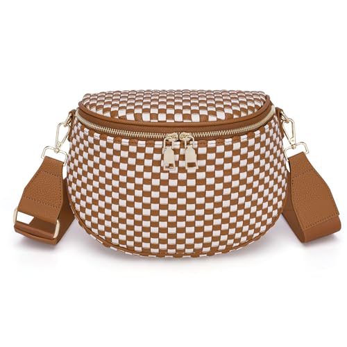 FODOKO Woven Crossbody Bag for Women Woven Leather Bum Bags Checkered Cross body Bags with zipper - color: Checkered brown white