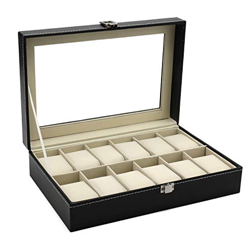 12 Slot Leather Watch Box Display Case Organizer with Framed Glass Lid Elegant Contrast and Removable Pillow for Men and Women Watch and Jewelry Large Holder Boxes