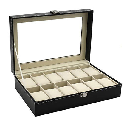 12 Slot Leather Watch Box Display Case Organizer with Framed Glass Lid Elegant Contrast and Removable Pillow for Men and Women Watch and Jewelry Large Holder Boxes