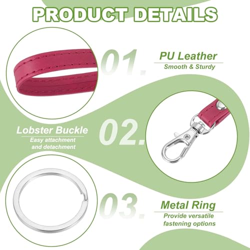 Wristlet Strap PU Leather Keychain Wristlet Lanyard Hand Strap Replacement with Rings Fit for Wallet Purse - color: Rose Red/Silver