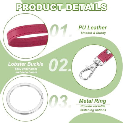 Wristlet Strap PU Leather Keychain Wristlet Lanyard Hand Strap Replacement with Rings Fit for Wallet Purse - color: Rose Red/Silver