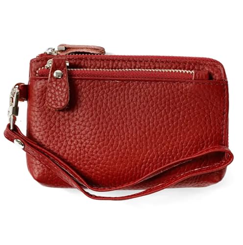 Women Genuine Real Leather Coin Purse with Hand Strap. 3 Zipper Small Wallet Wristlet with 3 credit cards slots Holder - Burgundy - color: #04 Burgundy