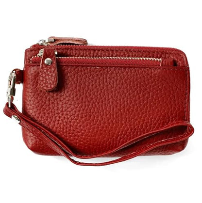 Women Genuine Real Leather Coin Purse with Hand Strap. 3 Zipper Small Wallet Wristlet with 3 credit cards slots Holder - Burgundy - color: #04 Burgundy