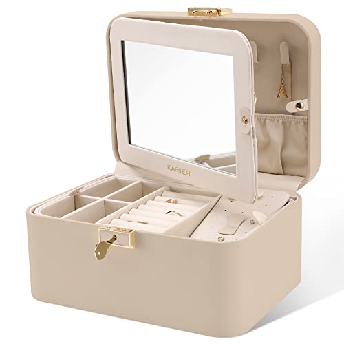 Upgraded Jewelry Box, 2 Layers PU Leather Jewelry Organizer for Women with Lock and Mirror, Hidden Necklace Hook and Removable Divider Large Capacity Travel Jewelry Box Ideal for Gift-With Gift Box - color: Beige, size: mirror