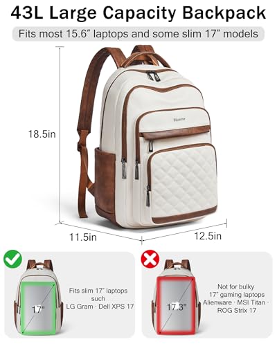 Bluome Work Backpack for Women Men, Laptop Vegan Leather Backpack Purse with 15.6–17 Inch Laptop, Multi-Pocket Bookbag for Office Travel Gym Weekend Overnight Bag, Beige - color: Beige