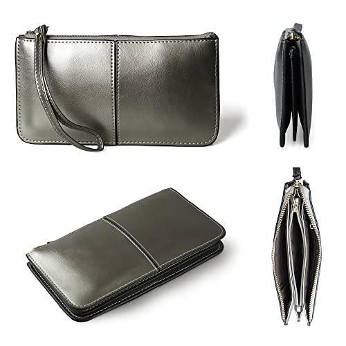 befen Genuine Leather Wristlet Clutch for Women Ultra-Slim Ladies Credit Card Holder Wallet Purses with RFID Protection - color: Warm Silver