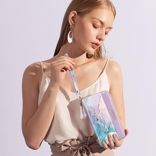 Coco Rossi Wallet for Women RFID Blocking Zipper Around Credit Card Holder | PU Leather, Zipper Around, Multi Card Case, Clutch with Tassel Wristlet Wrist Strap, Gradient Marble, Gifts for Girls Ladies - color: Gradient Marble