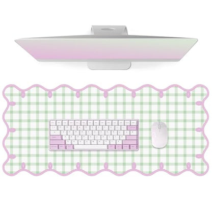 Leather Desk Pad, Desk Mat Mouse Pad, Non-Slip Mousepad Waterproof PU Table Cover Blotter for Computer Laptop Extra Large Keyboard Mat for Women Girl Office Home Dorm, Soft Pink + Green Checkered - color: Soft Pink + Green Checkered