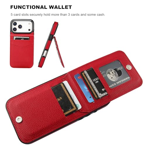 KIHUWEY for iPhone 17 Pro Max Wallet Case Card Holder Kickstand, Lichee Red | Credit Card Slots, PU Leather, Magnetic Clasp, Flip Heavy Duty Protection Cover for Men - color: Lichee Red