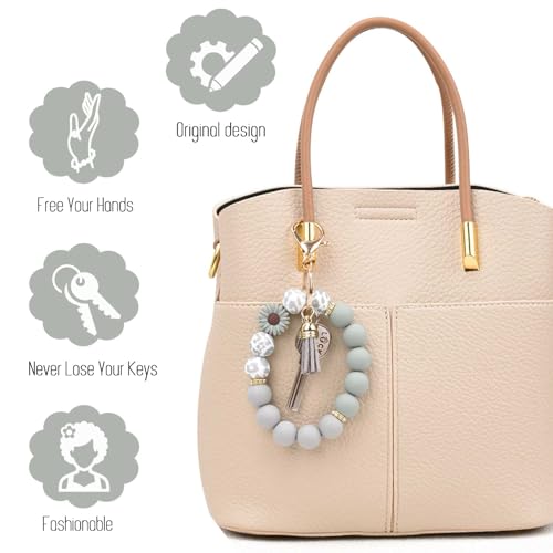BAOSIWA Silicone Beaded Keychain Wristlet Key Ring Bracelet Cute Car Key Chain Holder for Women Girls - color: Daisy Gray