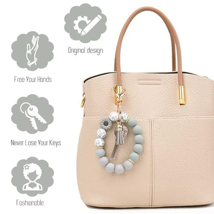 BAOSIWA Silicone Beaded Keychain Wristlet Key Ring Bracelet Cute Car Key Chain Holder for Women Girls - color: Daisy Gray
