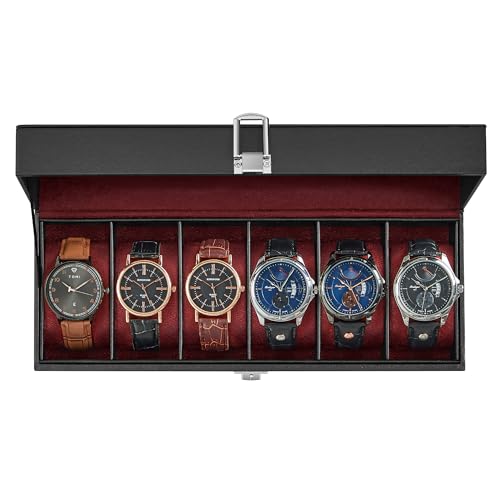 SONGMICS Watch Box, 6-Slot Watch Case with Large Glass Lid | Removable Pillows, Black PU Leather, Wine Red Lining, Gift for Loved Ones, BRIDIE Collection UJWB006R01 - color: Black + Wine Red, size: 6 Slot