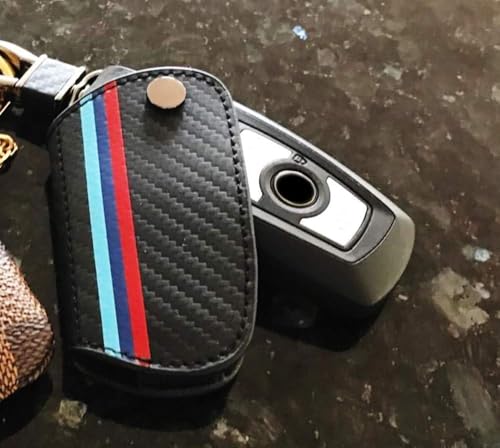 iJDMTOY Iconic 3-Color Stripe Black Carbon Fiber Pattern Leather Key Holder with Keychain Compatible With BMW 1 2 3 4 5 6 7 Series X3 Remote Fob - style: Compatible With 2 3 4 5 6 7 Series X1 X3 X4