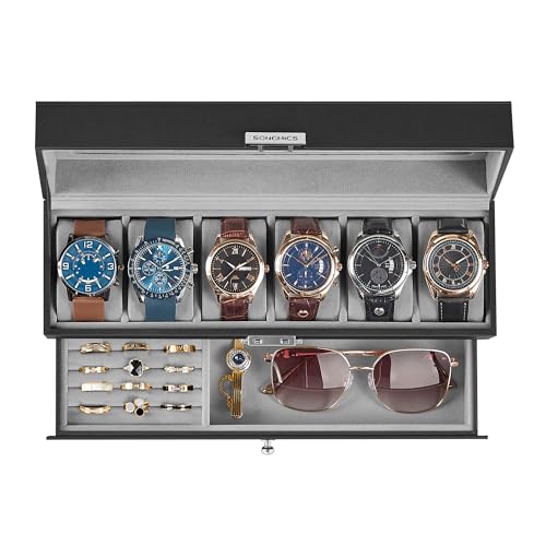 SONGMICS Watch Box, 6-Slot Watch Case Organizer with Large Glass Lid, 2 Layers, Removable Pillows, Metal Lock, Gift for Loved Ones, Black Synthetic Leather, Gray Lining UJWB060G01 - color: Black + Gray, size: 6 Slot
