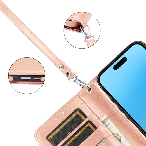 Bocasal Detachable Wallet Case Card Holder for iPhone 16 Pro, Rose Gold | RFID Blocking Kickstand Card Slots Holder PU Leather Magnetic Shockproof Wrist Strap Removable Flip Protective Cover 6.3 inch - color: Rose Gold