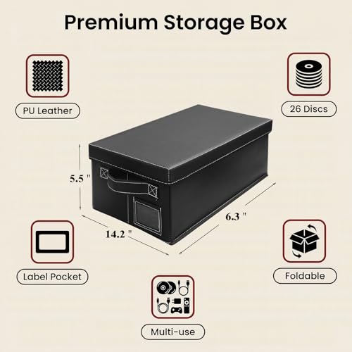 2 Pack DVD Storage Boxes with Lid – Holds 52 DVDs Cases (26 Each), Stackable Premium PU Leather, Media Organizer for Blu ray, CDs & Video Games - size: 2 Boxes