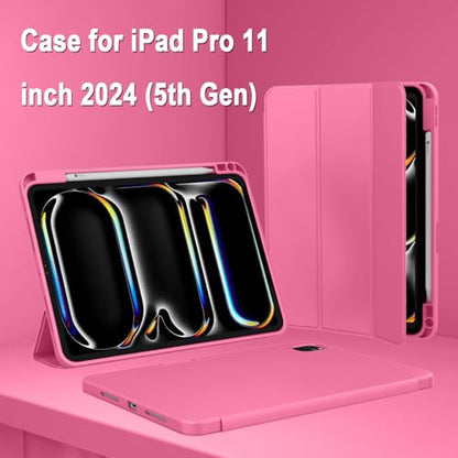 iPad Pro 11 Inch Case (M5) 2025/ (M4) 2024 (Model: A2836/A2837/A3006), Trifold Stand Smart Cover with Pencil Holder and Soft TPU Back, Auto Wake/Sleep (New Peach Red) - color: New Peach Red