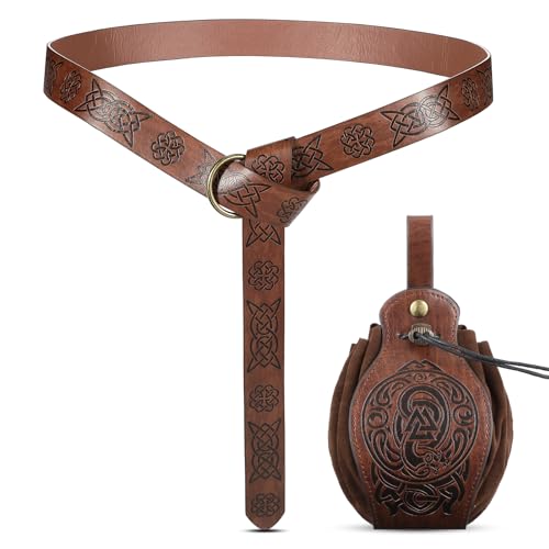 2 Pcs Renaissance Belt Pouch Medieval Viking Pirate Leather Pouch Bag Embossed Costume Accessories - color: Brown, style: Retro