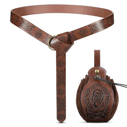 2 Pcs Renaissance Belt Pouch Medieval Viking Pirate Leather Pouch Bag Embossed Costume Accessories - color: Brown, style: Retro