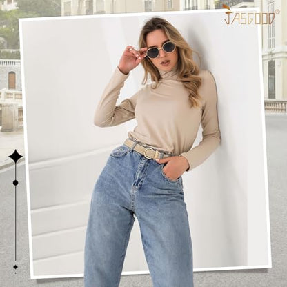 JASGOOD Women Men Braided Woven Elastic Stretch Waist Belt Golf Canvas Fabric Casual Belt for Jeans Pants - color: A-beige, size: Fit Size 38"-42"