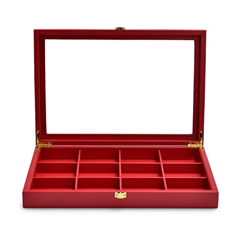 Oirlv 12 Gird Jewelry Tray with Acrylic Lid Premium Leather Jewelry Organizer Box Transparent Lid Bracelet Bangle Storage Case for Women Gift - color: Red, size: 12 Grid