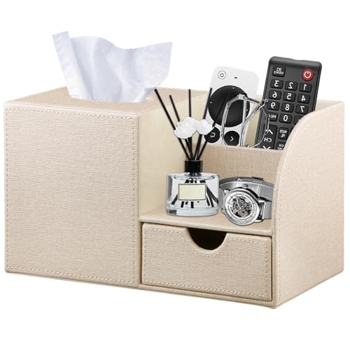 Tissue Box Cover with Drawer Organizer and Storage Tray,Cube Tissue Holder | PU Leather Tissues and Remote Holder,Decorative Facial Paper Nightstand Desk Organizer for Bathroom Vanity coffee table - color: Beige