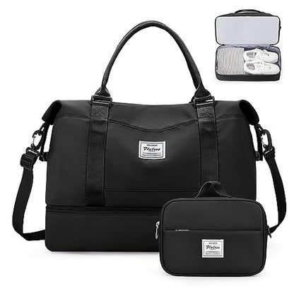 Weekender Bags for Women, Carry-On Overnight Travel Duffel Bag | Travel Bag with Shoes Compartment & Toiletry Bag, Extra Large - color: Black, size: Extra Large