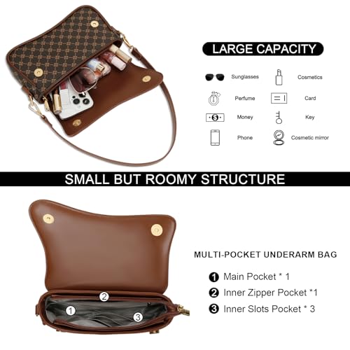 KKXIU Shoulder Bag for Women Small Hobo Handbags Cute Mini Clutch Purses | Classic Trendy Retro Underarm Crossbody Bag with Detachable Straps, Zipper Closure - color: Brown Flower