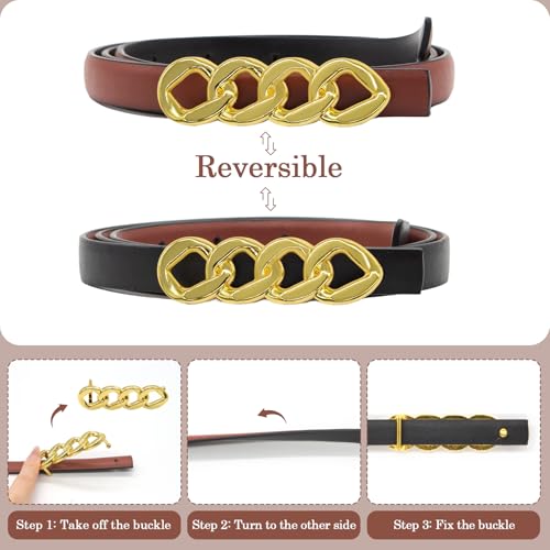Long Keeper Belts for Women - Reversible Women Leather Belt Adjustable Skinny Belt for Pants Jeans Dress with Gold Buckle - color: Brown/Black - Curb Chain Style Buckle