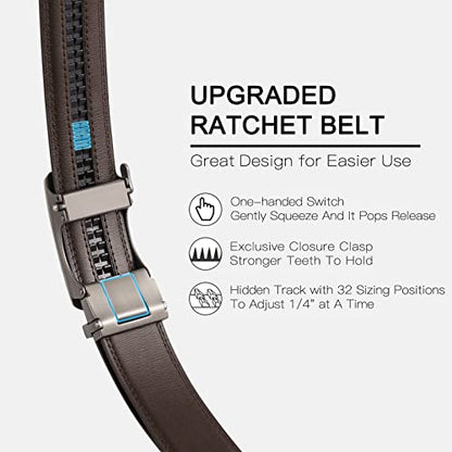 SENDEFN Men's Leather Belt Automatic Ratchet Buckle Slide Belt for Dress Casual Trim to Fit with Gift Box - color: C-coffee-9, size: 32" to 38" Waist Adjustable