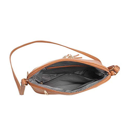 SG SUGU Lunar Lightweight Medium Dome Crossbody Bag Shoulder Bag with Tassel | Zipper Pocket | Adjustable Strap - color: Cognac