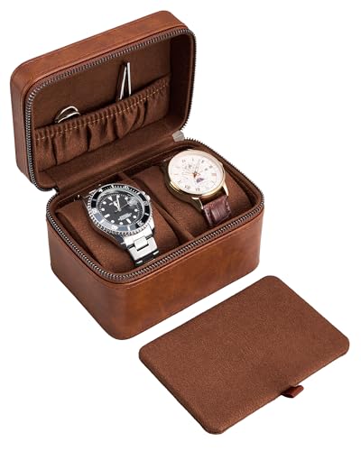 ProCase 2-Slot Watch Travel Case for Men, Portable Watch Holder -Brown | PU Leather, Compact Small Travel Carrying Box, Storage Case for Luxury Watches & Smartwatches with Jewelry Compartment - color: Brown, size: 2-Slot