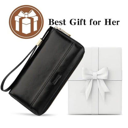 Real Leather Wristlet Wallet Women With RFID Blocking(ypblack) | Large capacity design,12 credit card slots,1 Inner zipper coin pocket,2 Full-length receipt slots,2 cash compartments - color: b1-Oiled leather black